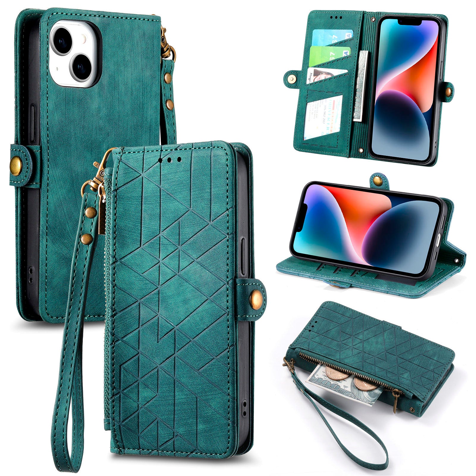 Pouzdro na zip Pocket Stand pro iPhone 14 Plus Kryt peněženky s potiskem PU kůže s geometrií Pouzdro na zip Pocket Stand pro iPhone 14 Plus Kryt peněženky s potiskem PU kůže s geometrií